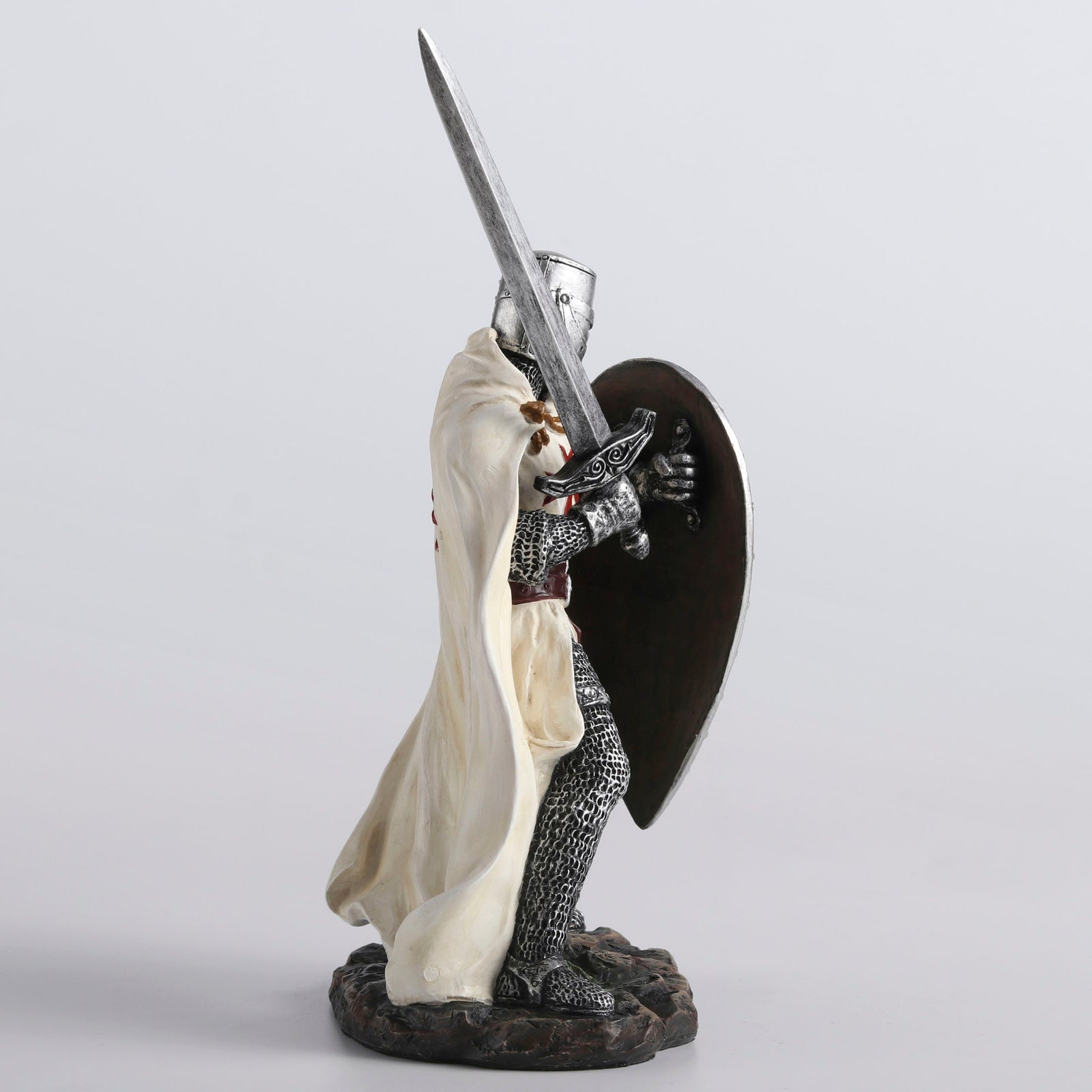 Knights Templar Crusader Statue Sword & Shield - Medieval Warrior Figurine Gothic in White with Red Cross