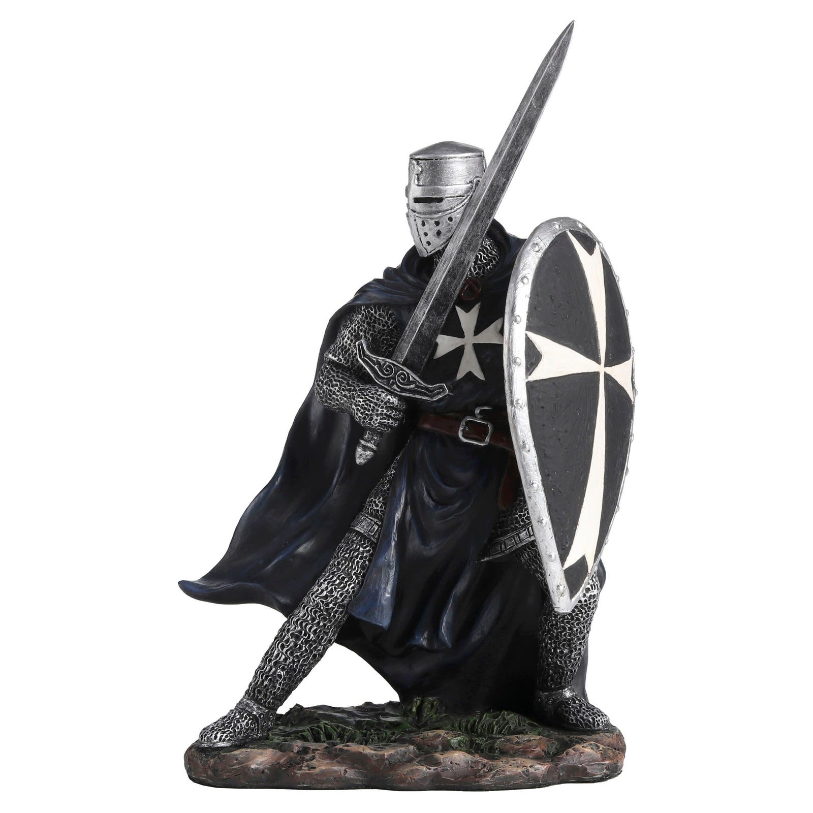 Knights Hospitaller Sword & Shield Statue - Medieval Templar Warrior in Black