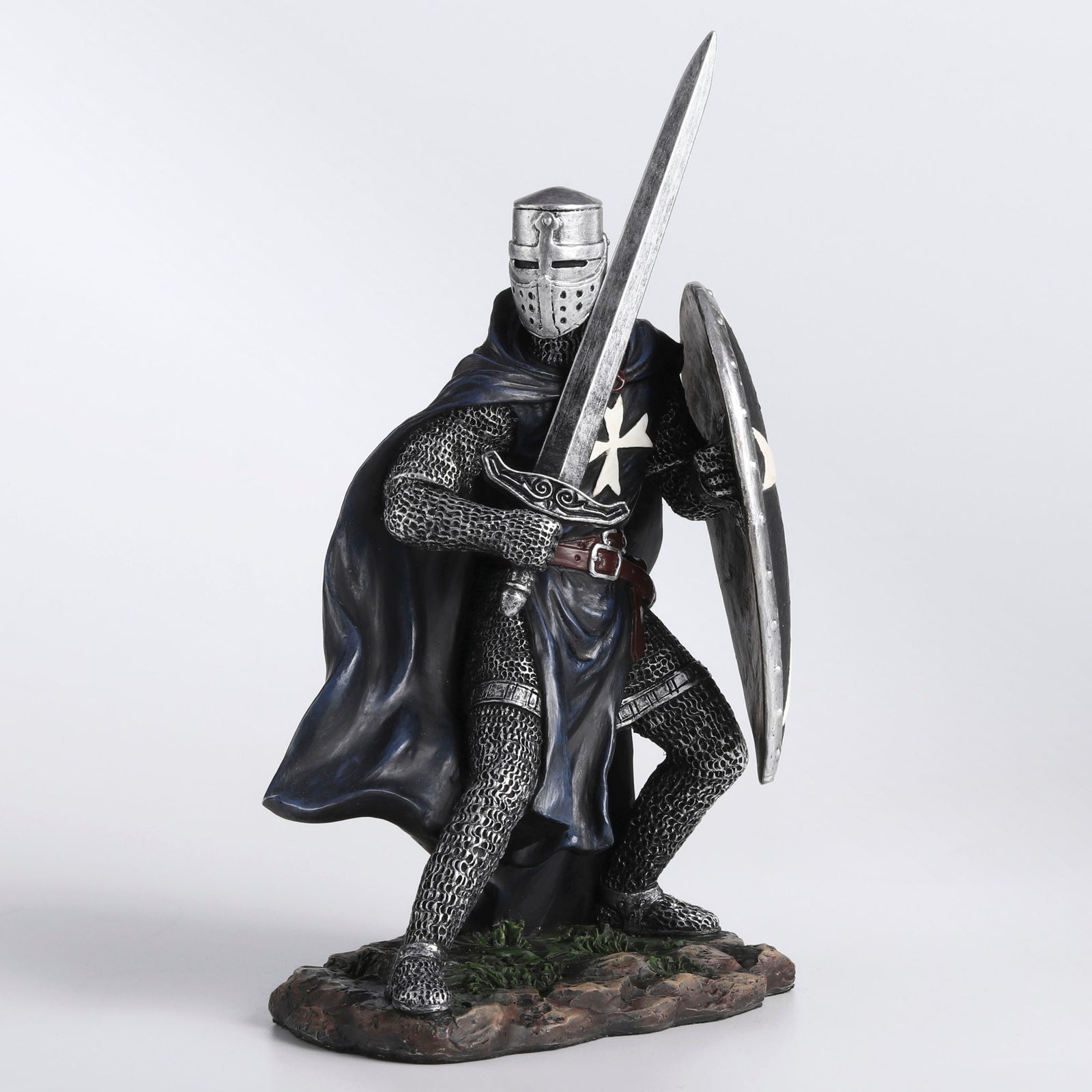 Knights Hospitaller Sword & Shield Statue - Medieval Templar Warrior in Black