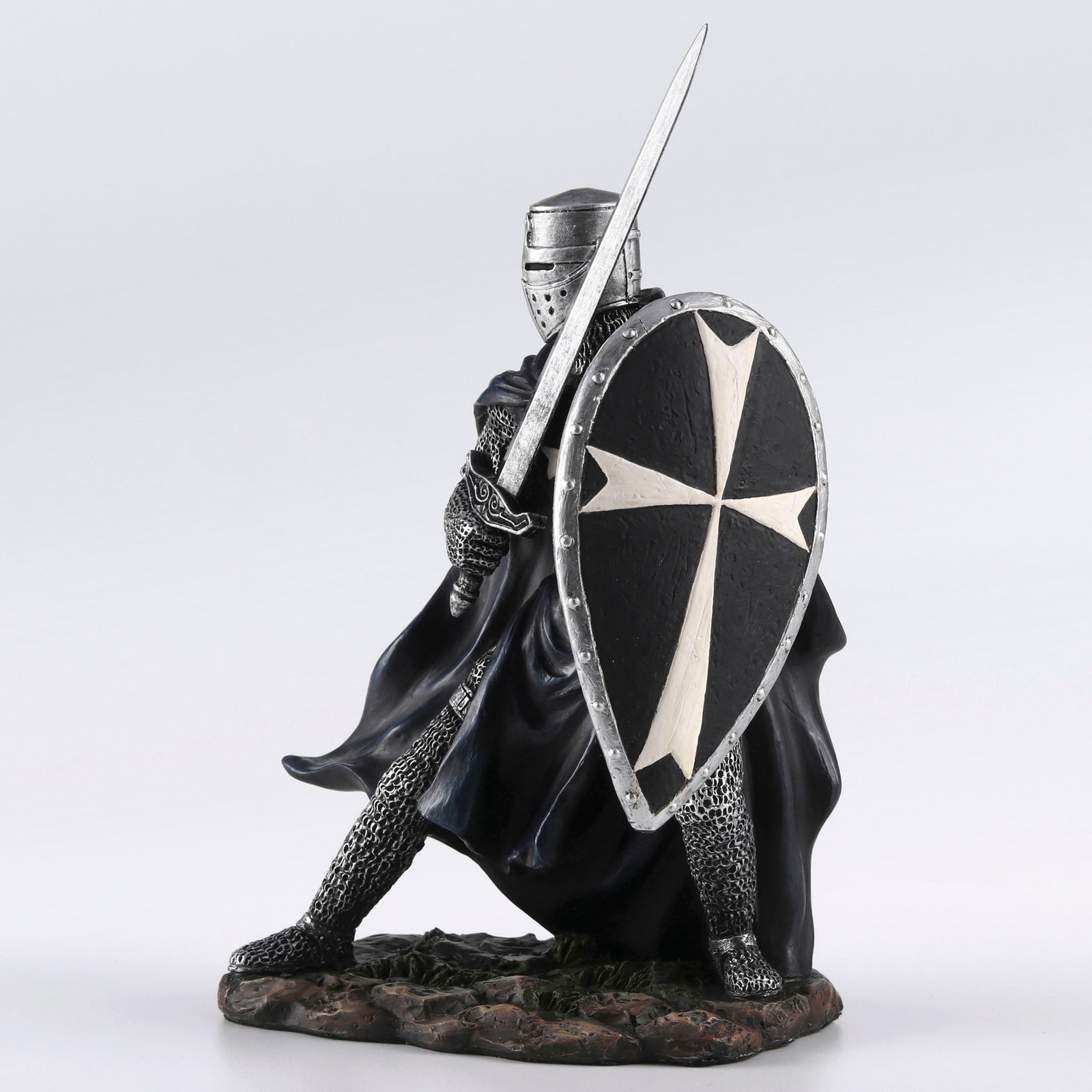 Knights Hospitaller Sword & Shield Statue - Medieval Templar Warrior in Black