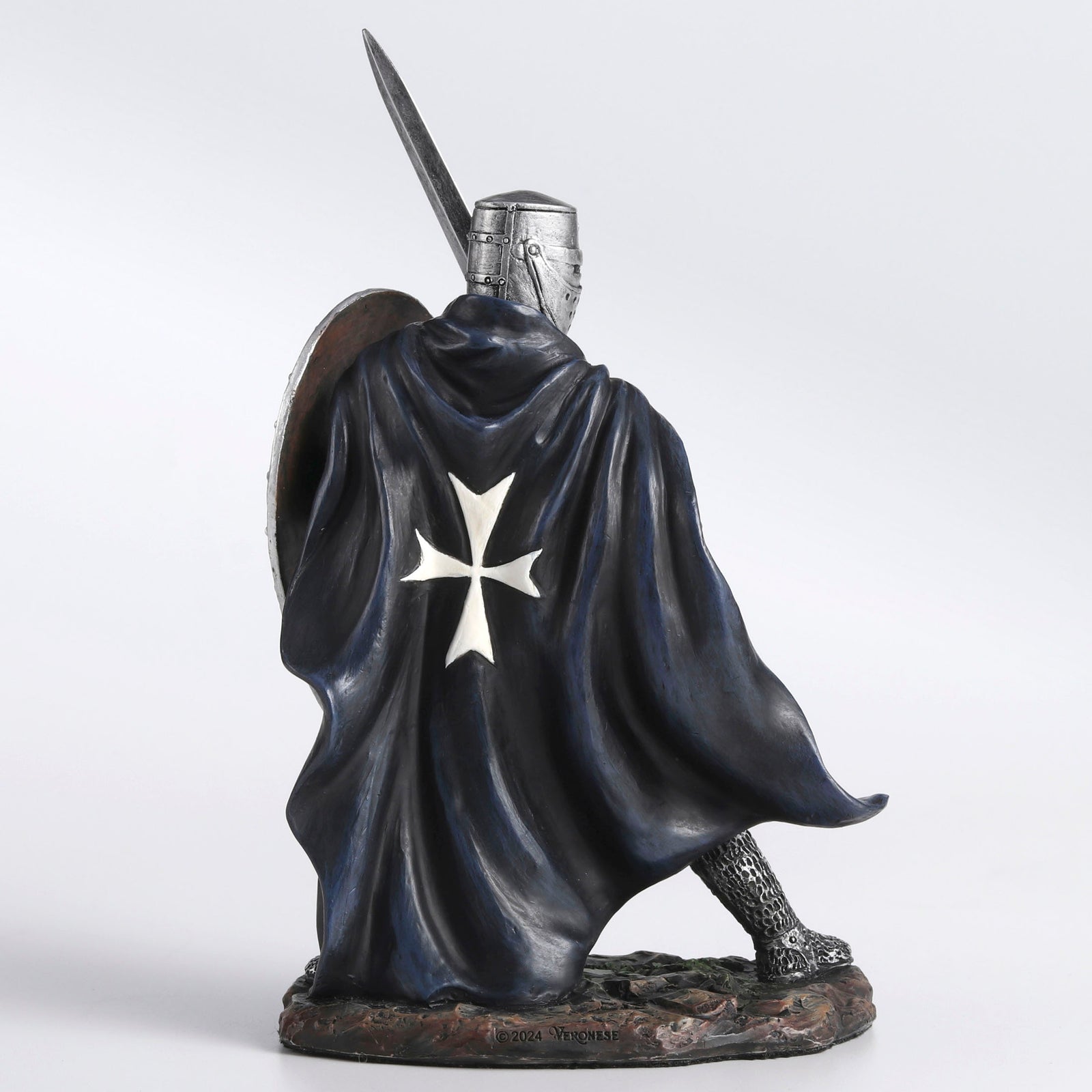 Knights Hospitaller Sword & Shield Statue - Medieval Templar Warrior in Black