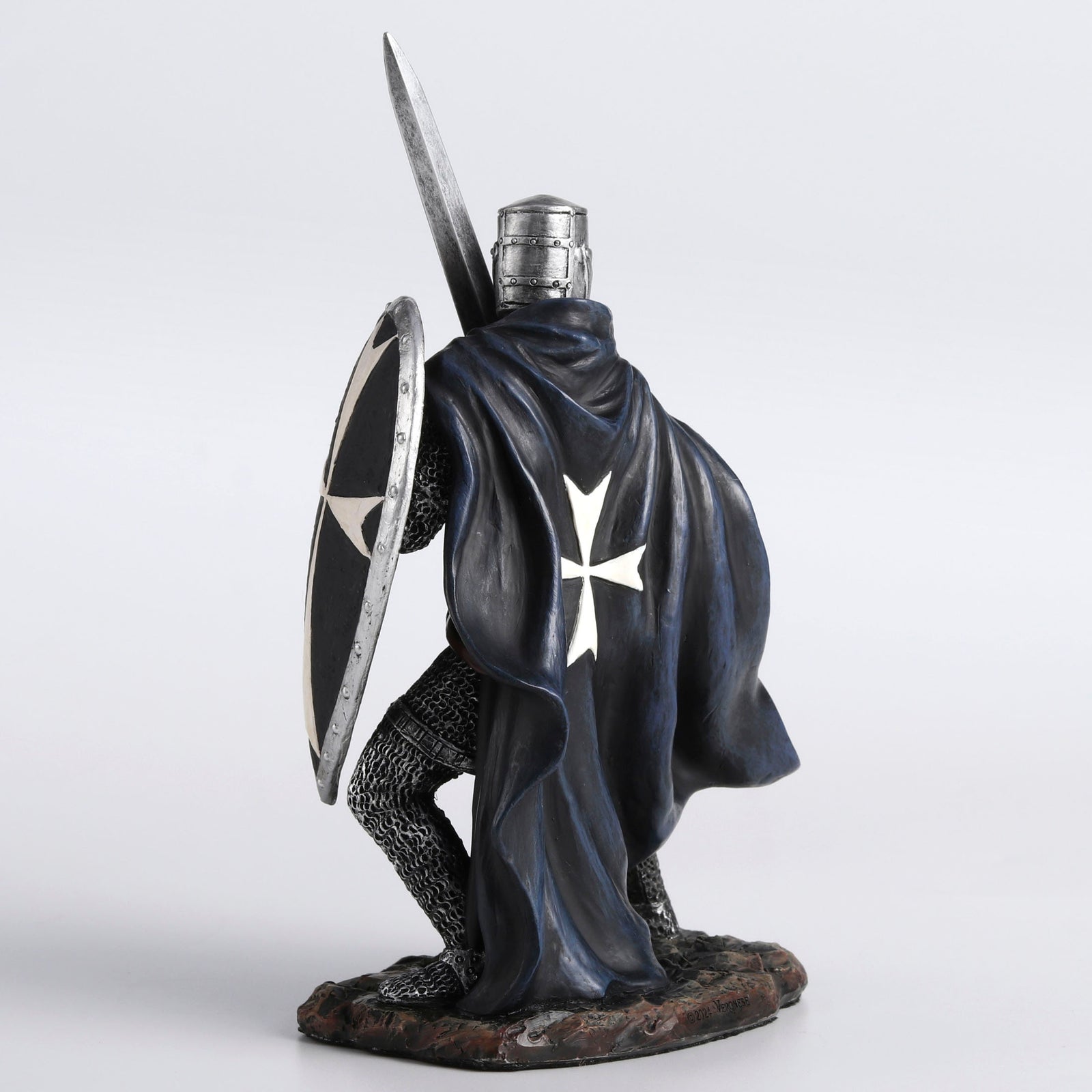 Knights Hospitaller Sword & Shield Statue - Medieval Templar Warrior in Black