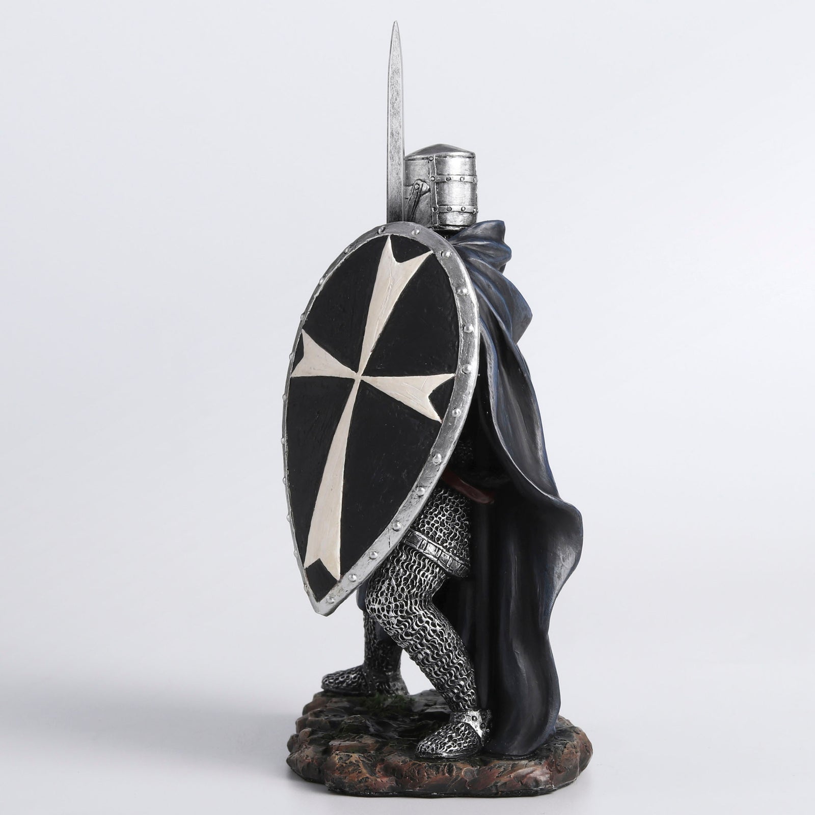 Knights Hospitaller Sword & Shield Statue - Medieval Templar Warrior in Black