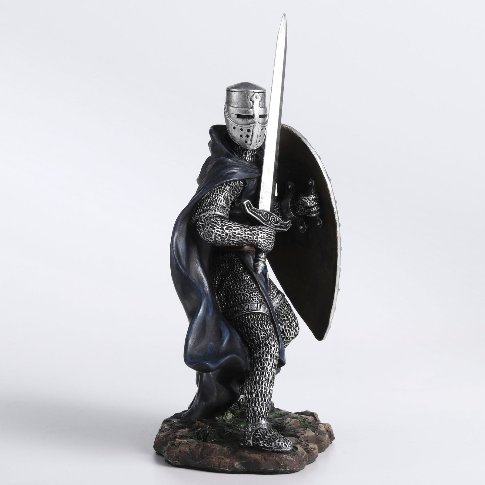 Knights Hospitaller Sword & Shield Statue - Medieval Templar Warrior in Black