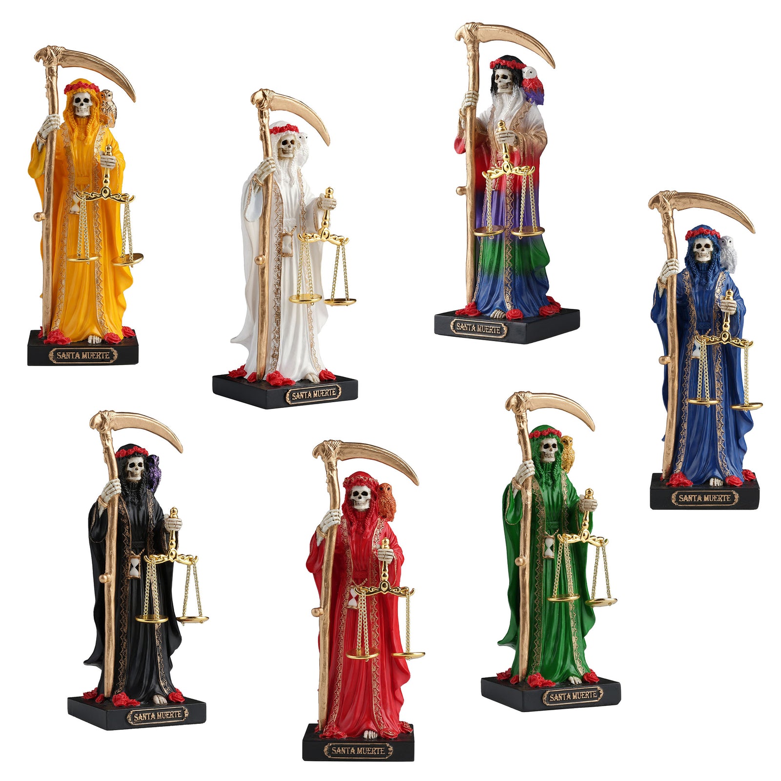 Seven Color Santa Muerte Statue Set | Folk Saint of Life, Death & Transformation