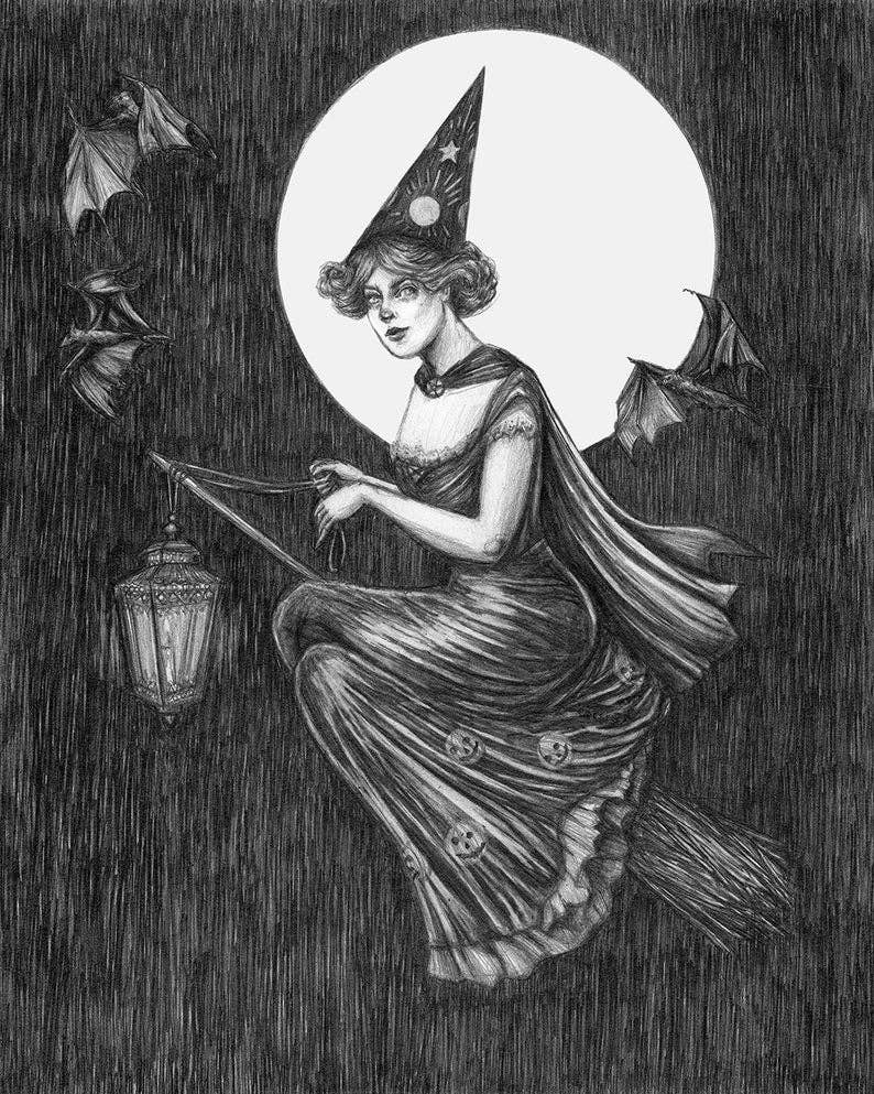 By Lantern Light Fine Art Print - Vintage Halloween Witch