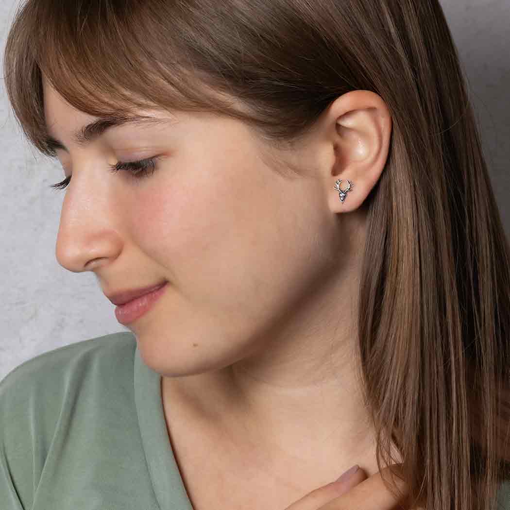 Sterling Silver Deer Skull with Antlers Post Earrings 11x9mm