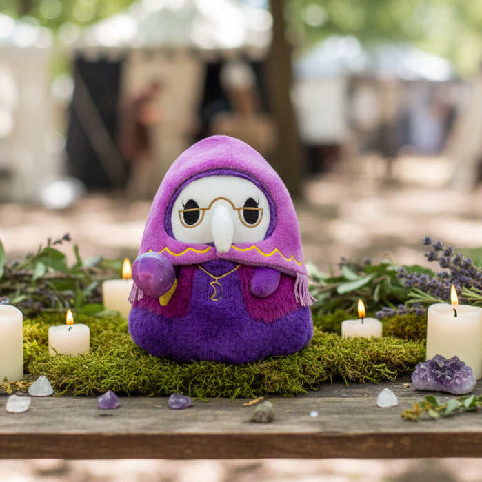 Purple plush toy with a hood and glasses held in a hand on a white background