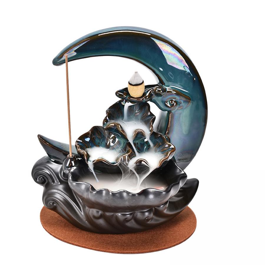 Ceramic Moon Backflow Cone Incense Burner - 7"