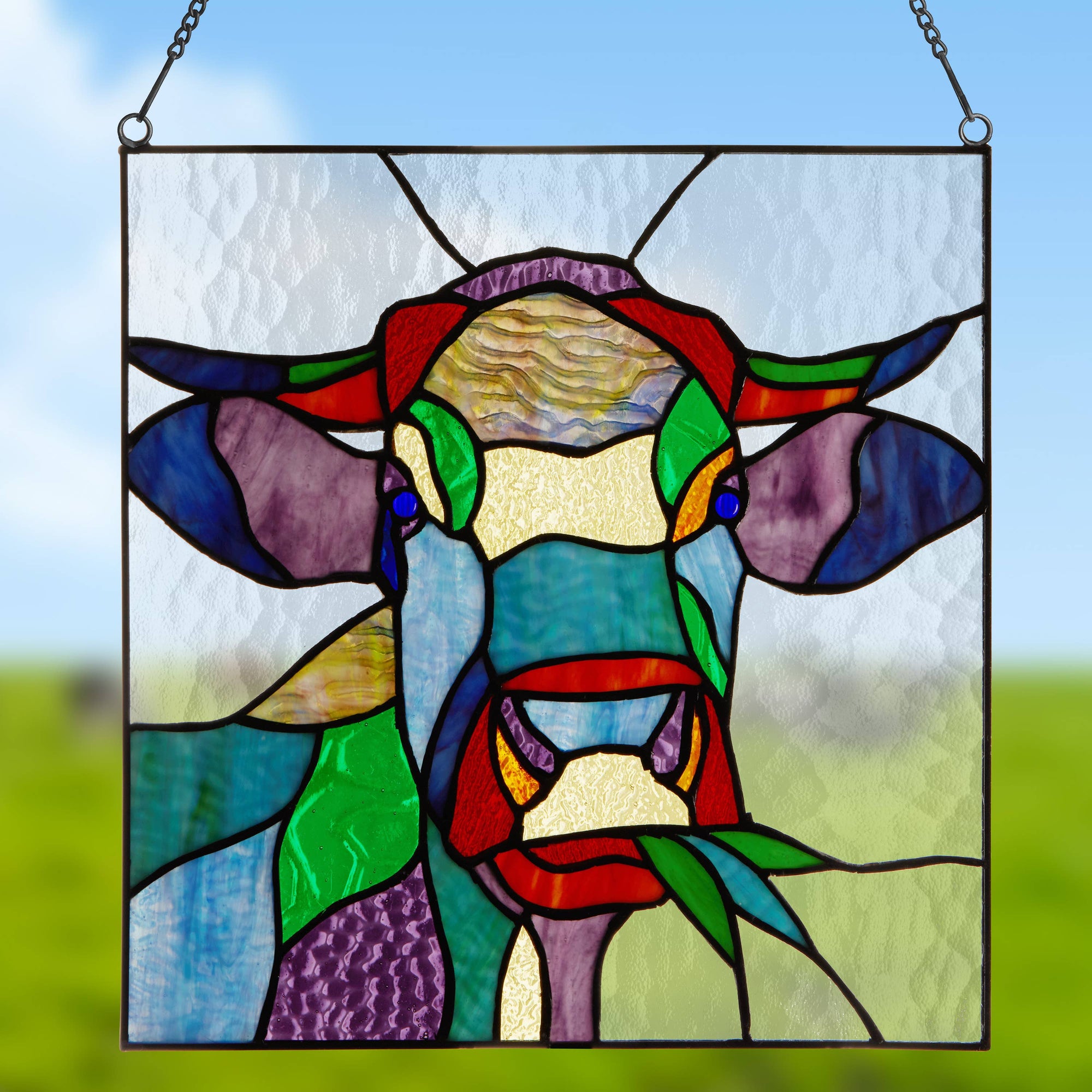Multicolor Cow Stained Glass Window Panel 12.5"H