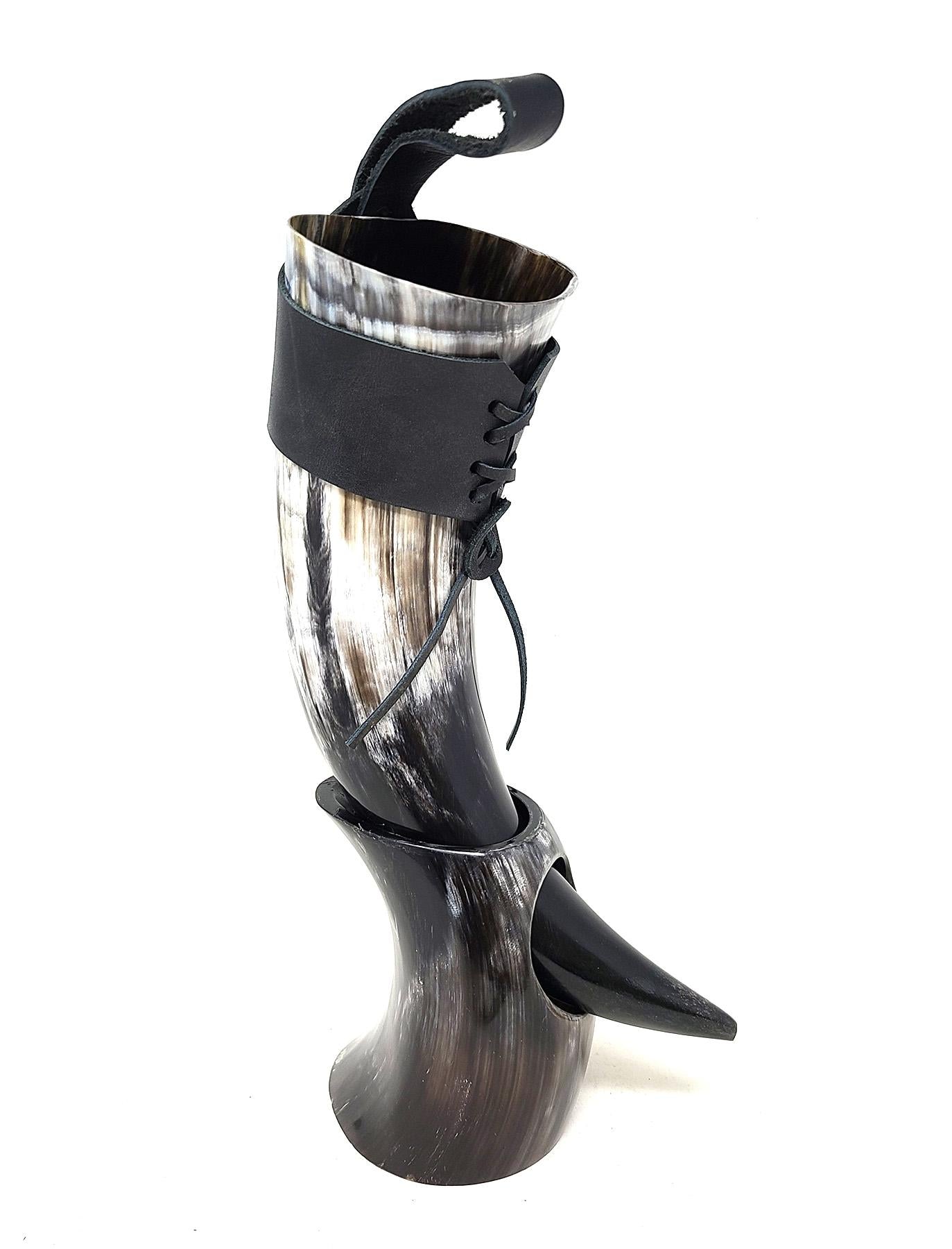 Authentic Viking Drinking Horn with Stand & Leather Frog – Handcrafted Medieval Horn