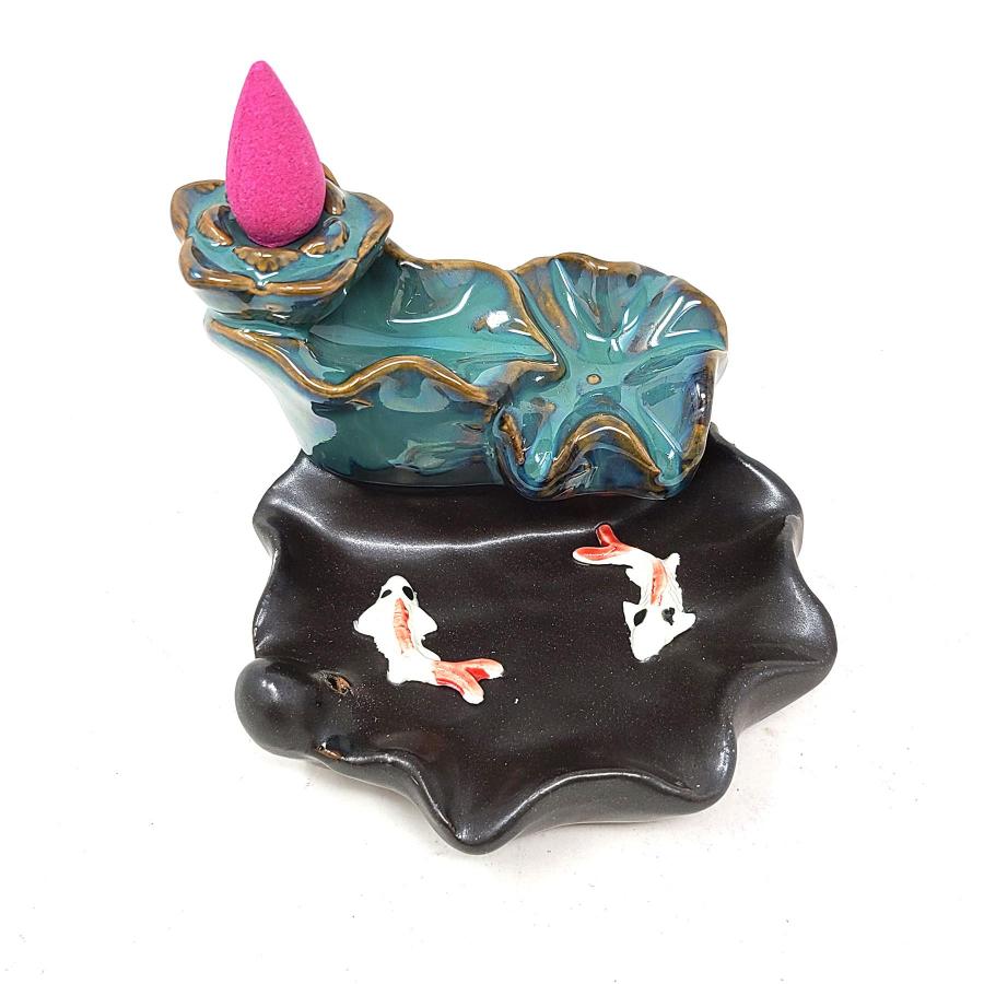 Lotus Waterfall Koi Design #2 Backflow Cone Incense Burner 4"W x 3"H