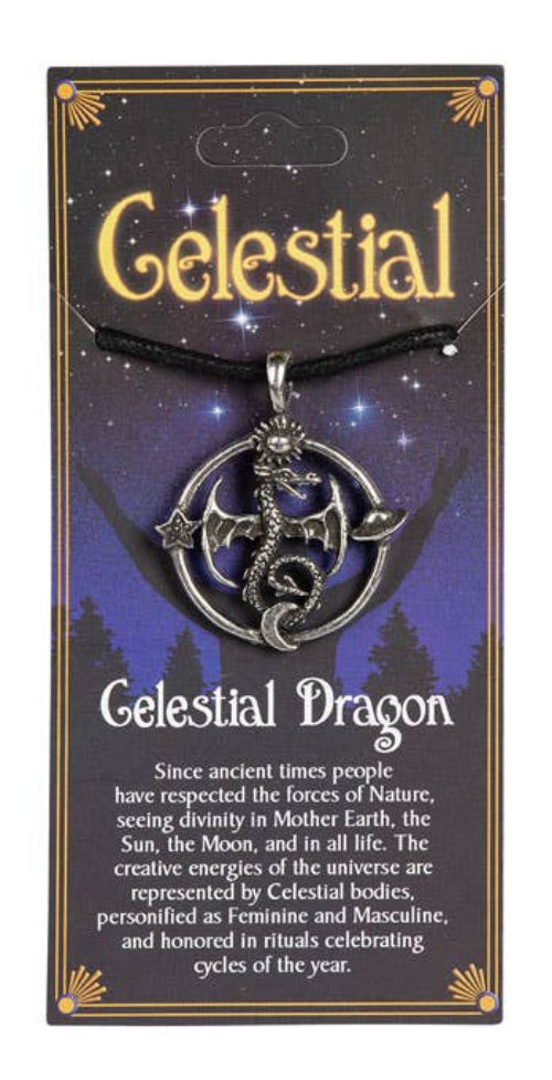 Three celestial-themed necklaces on packaging with 'Celestial' branding.