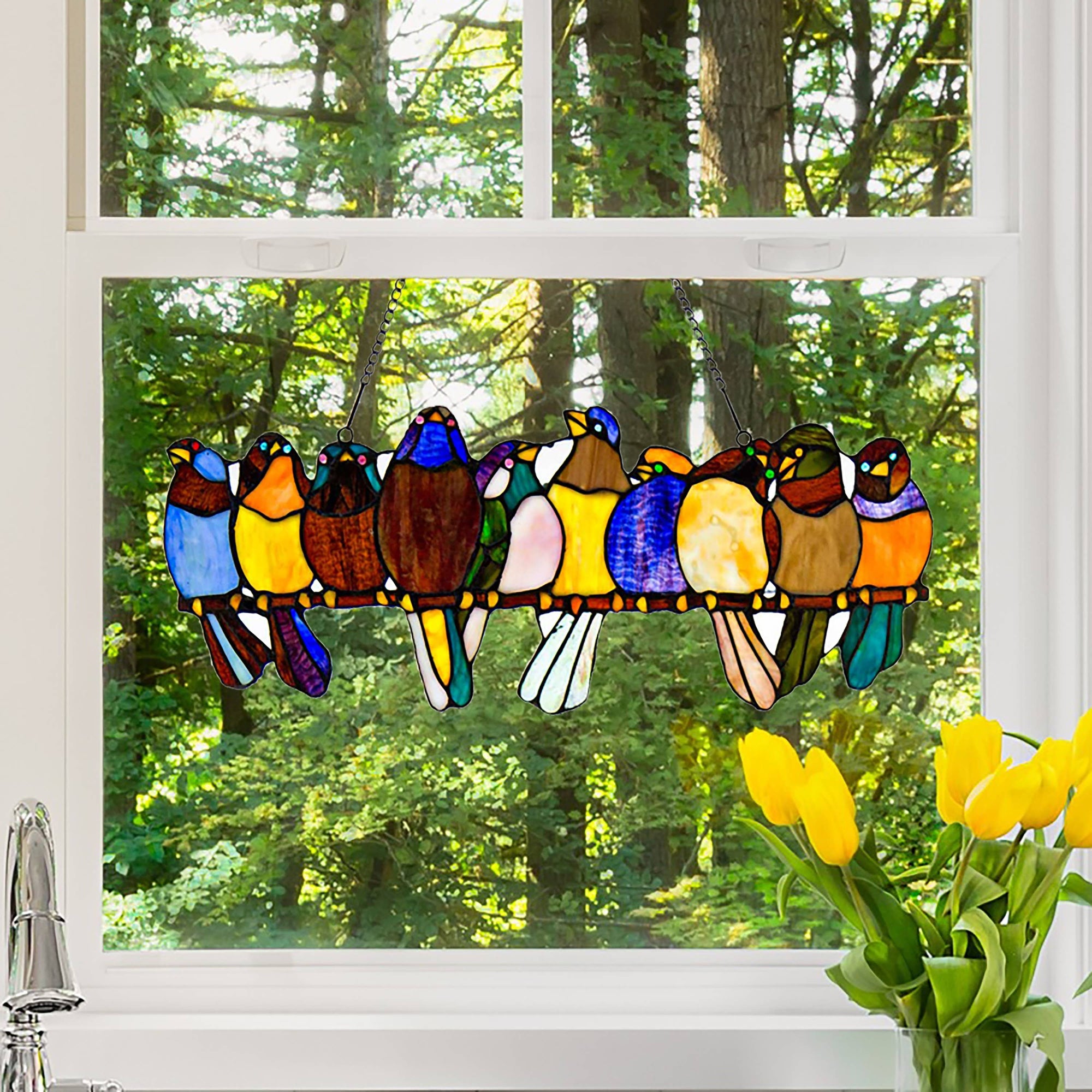 Multicolor Birds Stained Glass Window Panel 9.5"H