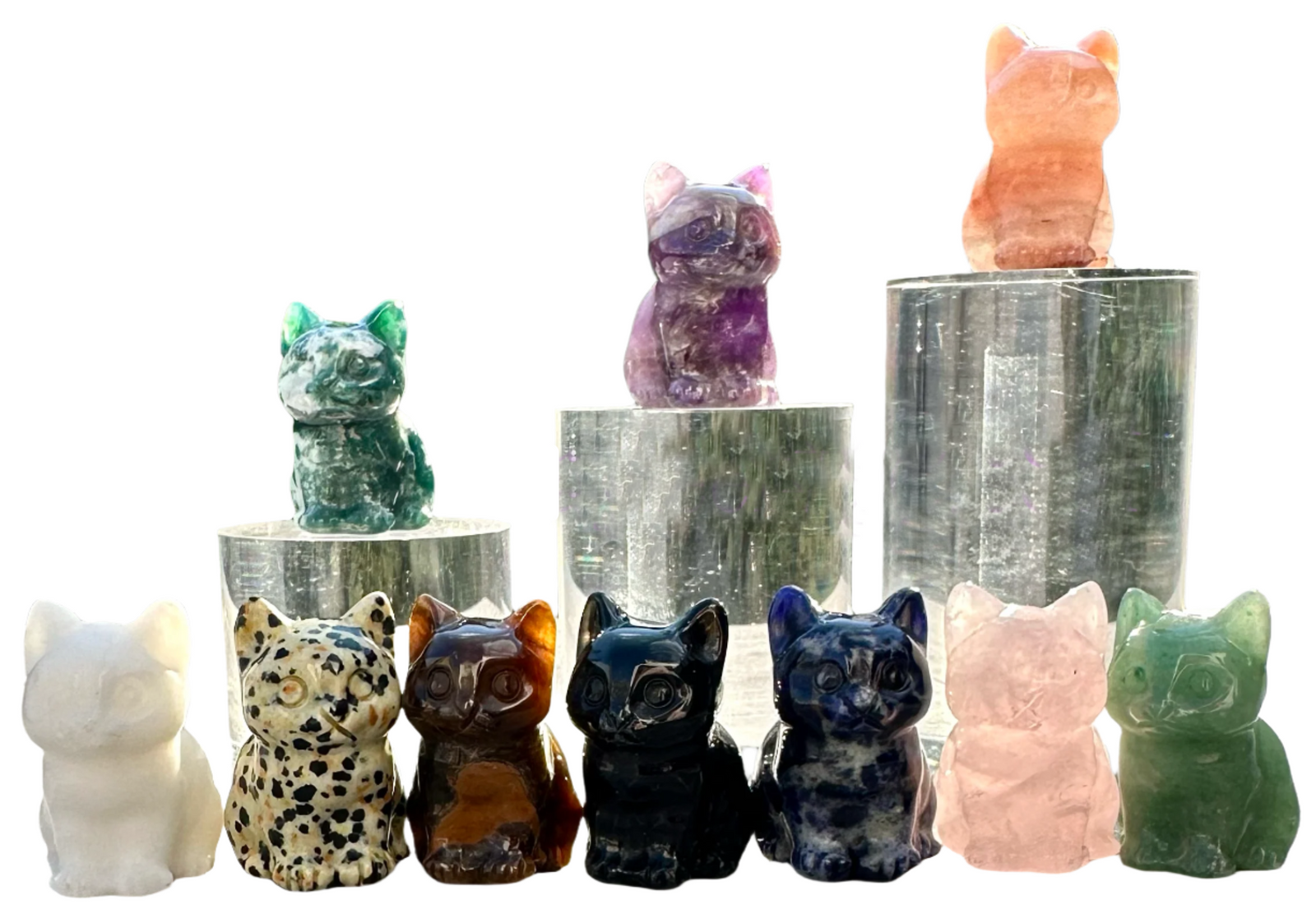 Hand-Carved Gemstone Cat Figurine – Obsidian & Assorted Stones