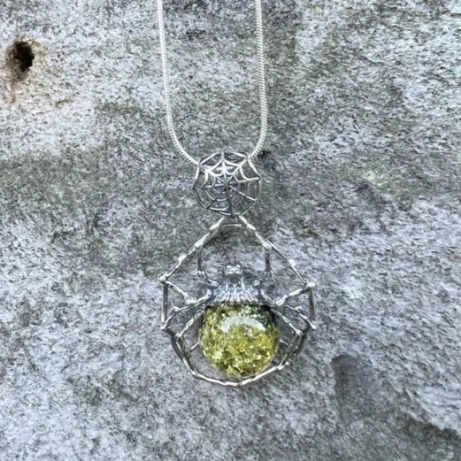 Large Baltic Amber Spider Sterling Silver Pendant - 1 3/4"
