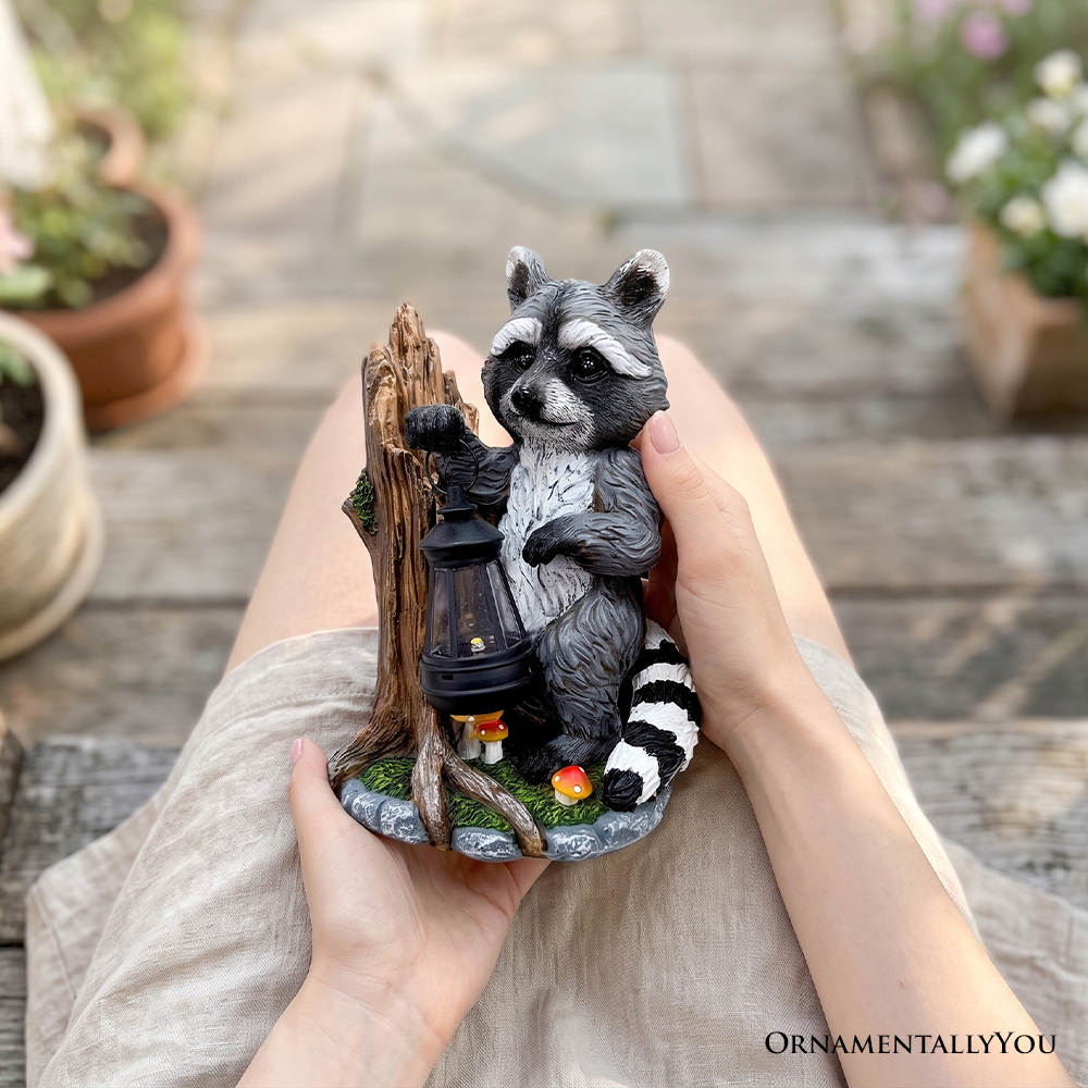 Raccoon Solar Lamp Garden Statue, 9" Lighted Animal Figurine Outdoor Decor