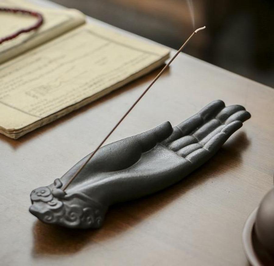 Ceramic Buddha Hand Incense Burner (10"L)