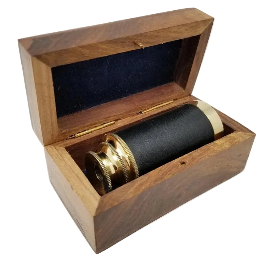 Brass Telescope with Inlaid Wooden Box – Functional Vintage Spyglass | Collapsible Navigation Gift & Home Décor