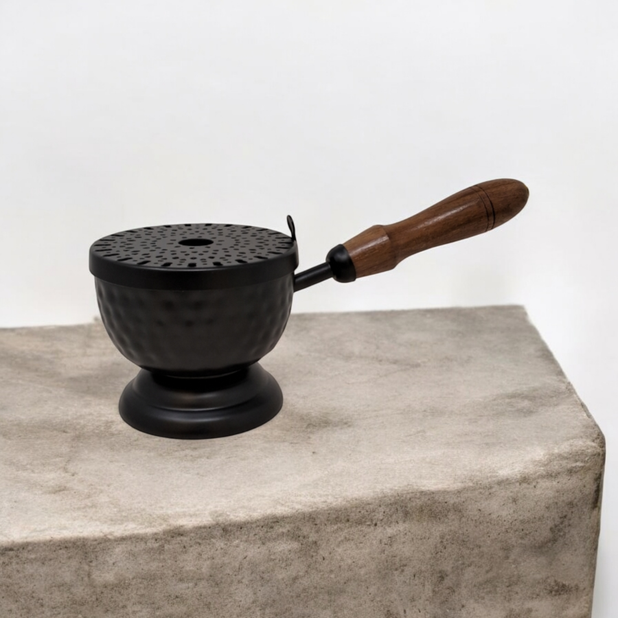 Iron Charcoal Cauldron Burner with Lid & Wooden Handle