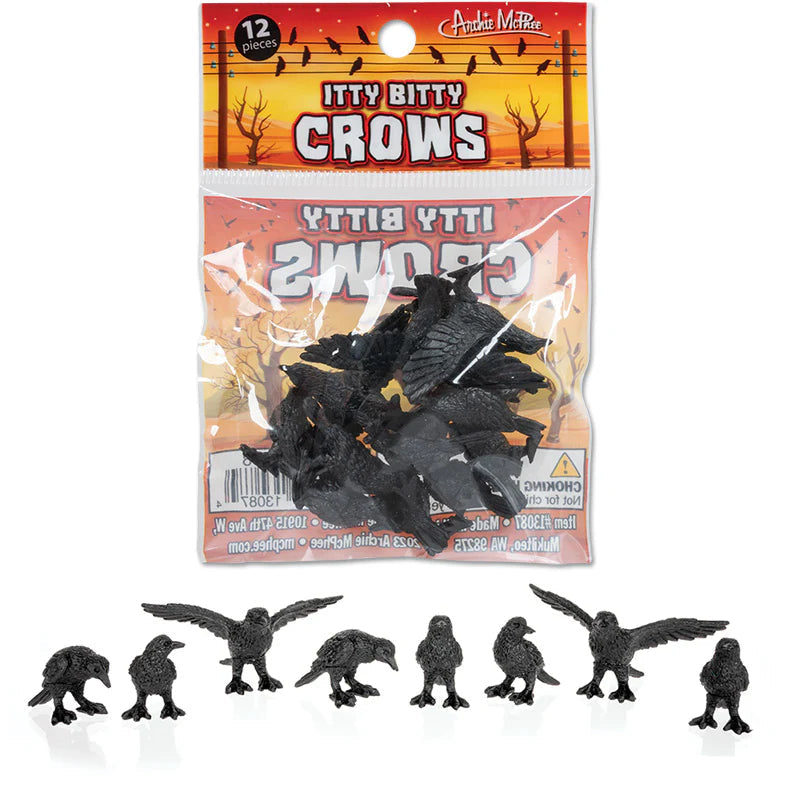 Packaged toy crows with a Halloween-themed design on the packaging.