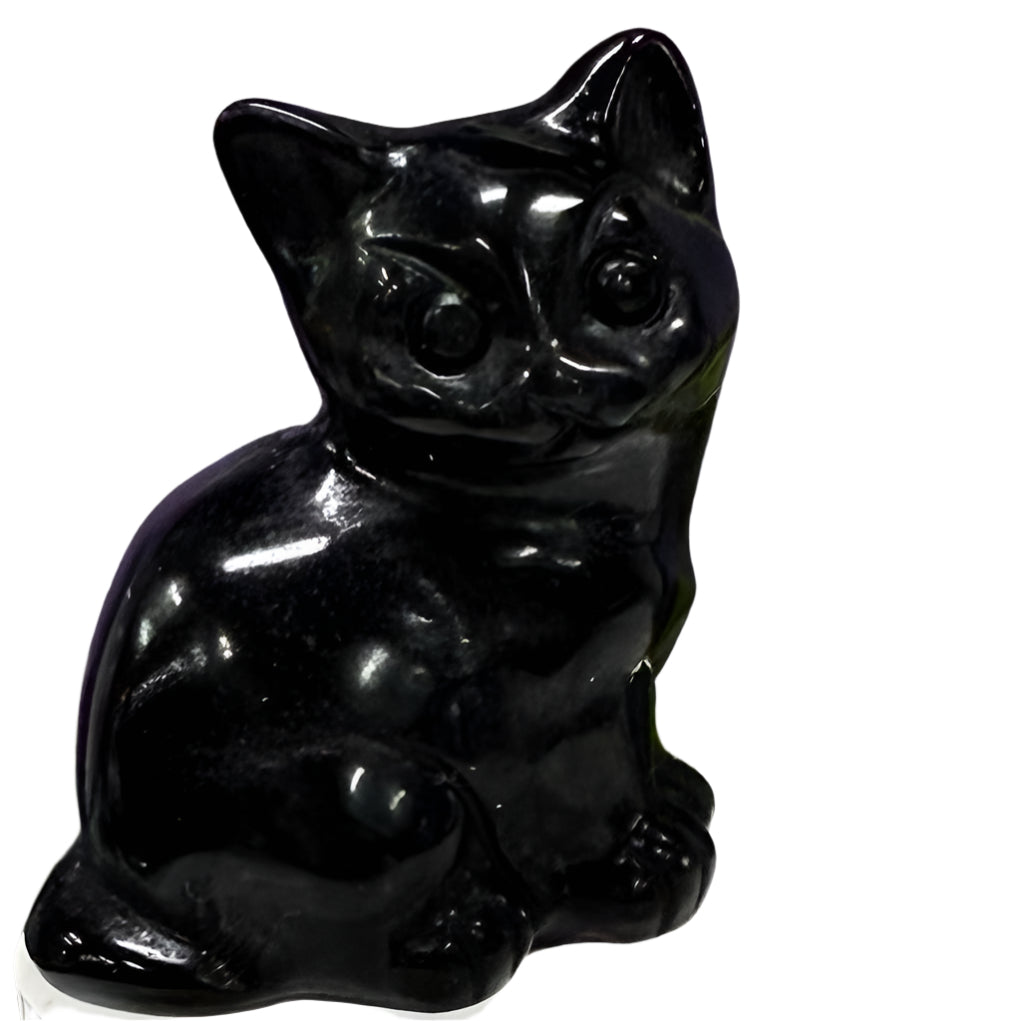 Hand-Carved Gemstone Cat Figurine – Obsidian & Assorted Stones