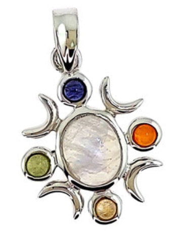 Silver pendant with moonstone and colorful stones on a white background