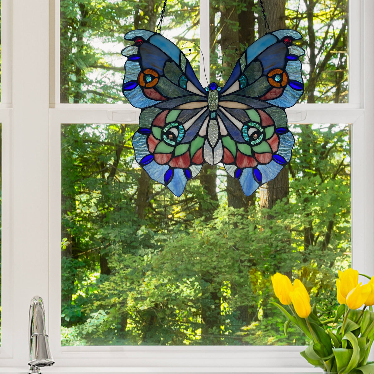 Purple, Blue &amp; Red Butterfly Window Panel 12&quot;H