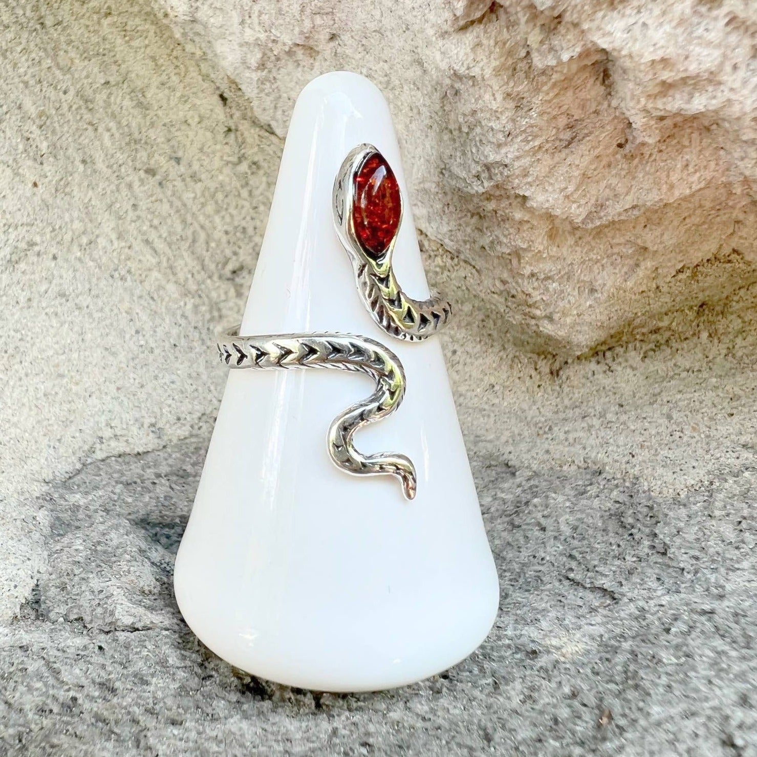 Baltic Amber Snake Adjustable Sterling Silver Ring