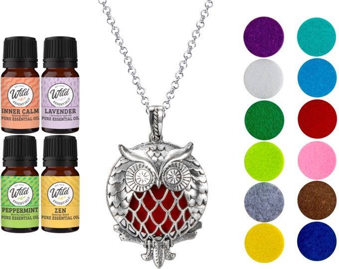 Owl of Athena Chrome Aromatherapy Diffuser Necklace with 12 Color Pads and 4 Essential Oils Set