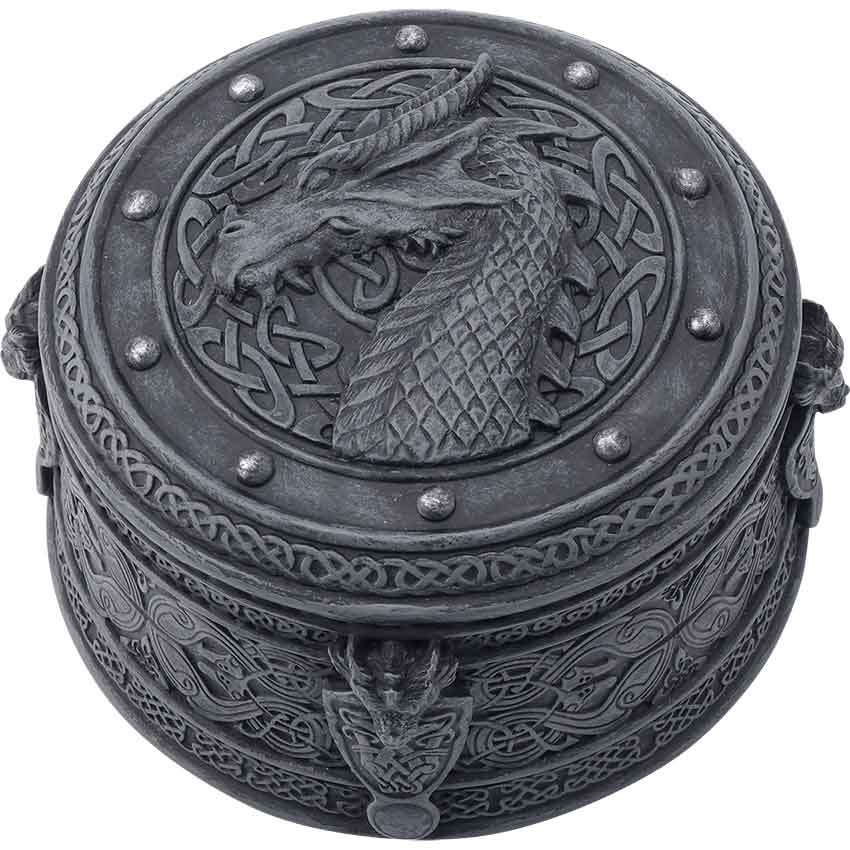 Dragons are powerful creatures of myth and legend. They guard their treasures. Let one guard your things with the Celtic Dragon Round Trinket Box. 