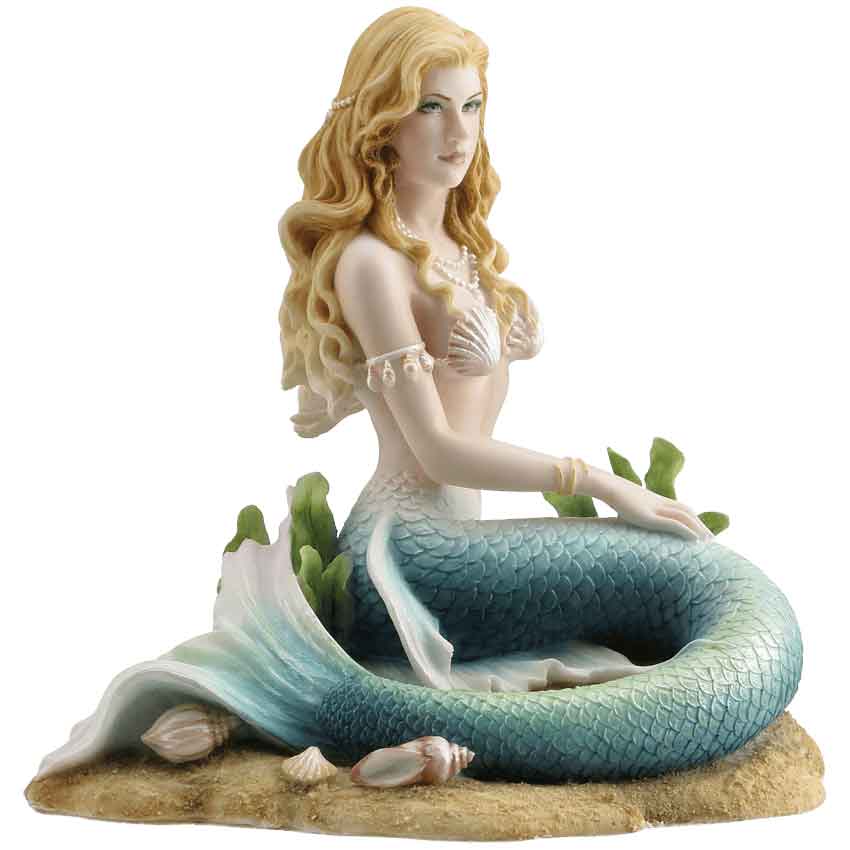 Enchanted Song Mermaid Statue sitting on ocean floor with blue scale fish tail and long blonde hair
