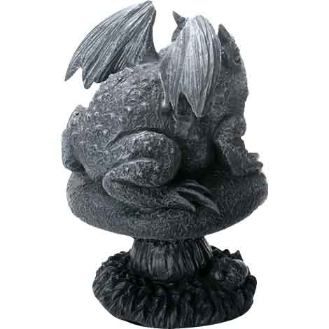 This adorable, grumpy little amphibian gargoyle sits on his toadstool and patiently watches your plants grow! Made from cold cast resin, this toad gargoyle is hand painted to appear as if it were made of dark stone.