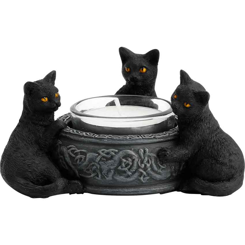 Triple Black Cat Tealight Candle Holder with three black cats sitting on the sides of a grey basin.
