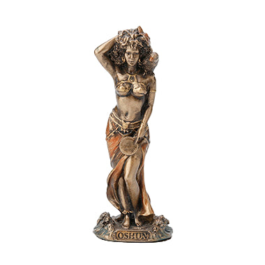 Bronze cold cast resin statue of Oshun, the Yoruba goddess of love, beauty, and marriage, standing with one hand raised.