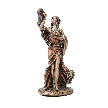 Bronze statue of a woman holding a snake on a white background