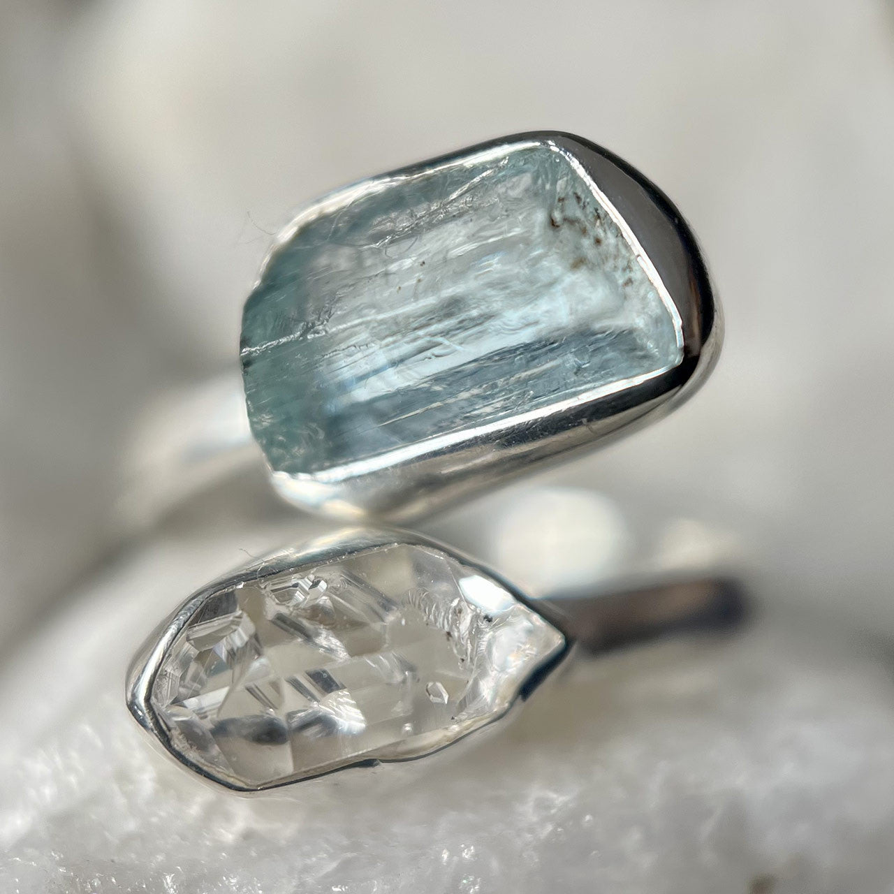 Aquamarine With Herkimer Diamond Sterling Silver Ring
