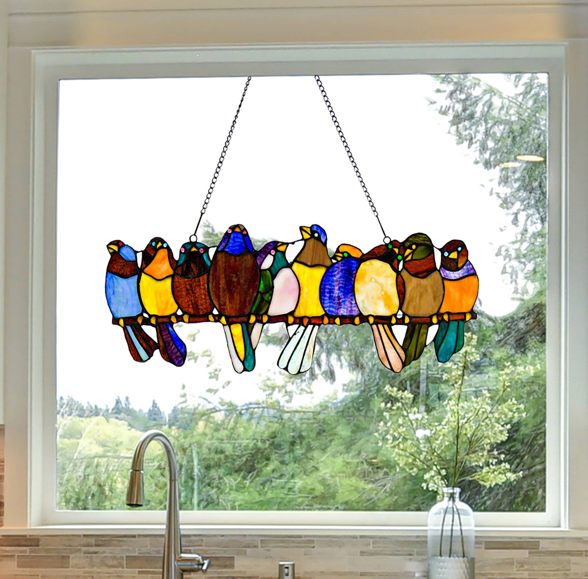 Multicolor Birds Stained Glass Window Panel 9.5&quot;H