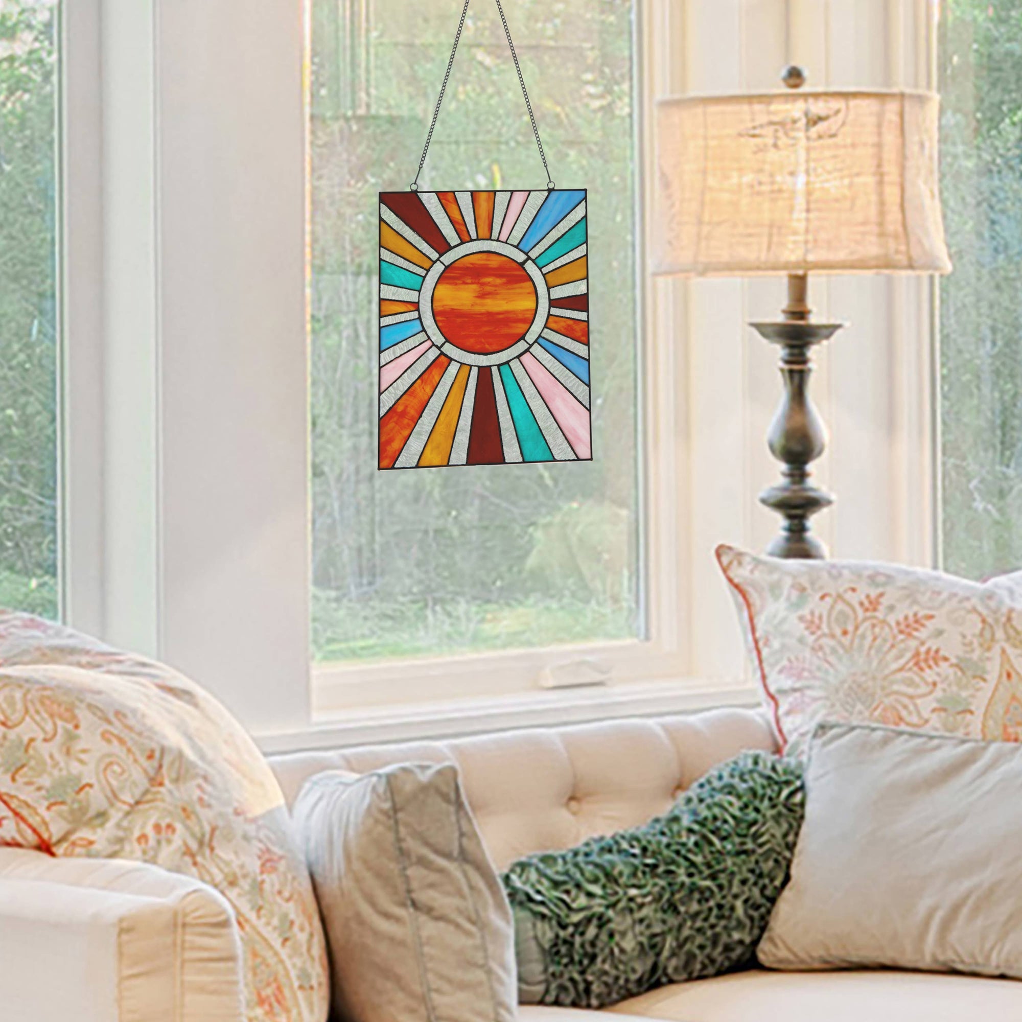 Multicolor Sunburst Stained Glass Window Panel 14.5"H