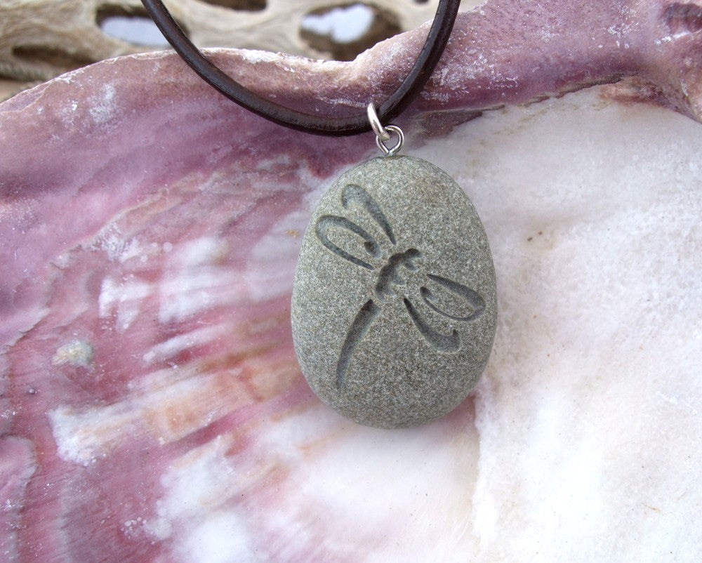 Dragonfly engraved Beach Stone Pendant - Symbol of Renewal, Positive force, Power of Life necklace - Cast a Stone