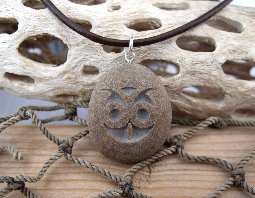 Hooty lil Owl Face Necklace - Engraved Beach Stone Pendant - Cast a Stone