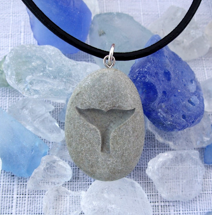 a Whale's Tail  - engraved Beach Stone Pendant - talisman of Freedom love and Joy necklace - Cast a Stone