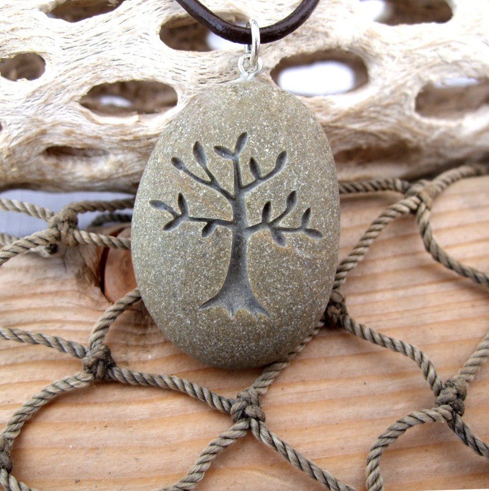 Tree of Life - Nature&#39;s Mother necklace - All Natural engraved Beach Stone Pendant - Cast a Stone