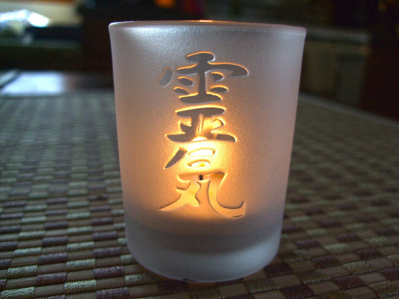 Reiki engraved Glass votive tea light Candle holder - Frosted or Clear 6 styles Reiki symbol, Cho Ku Rei, Sei He Ki, HSSSN, Dai Ku Myo or Om - Cast a Stone