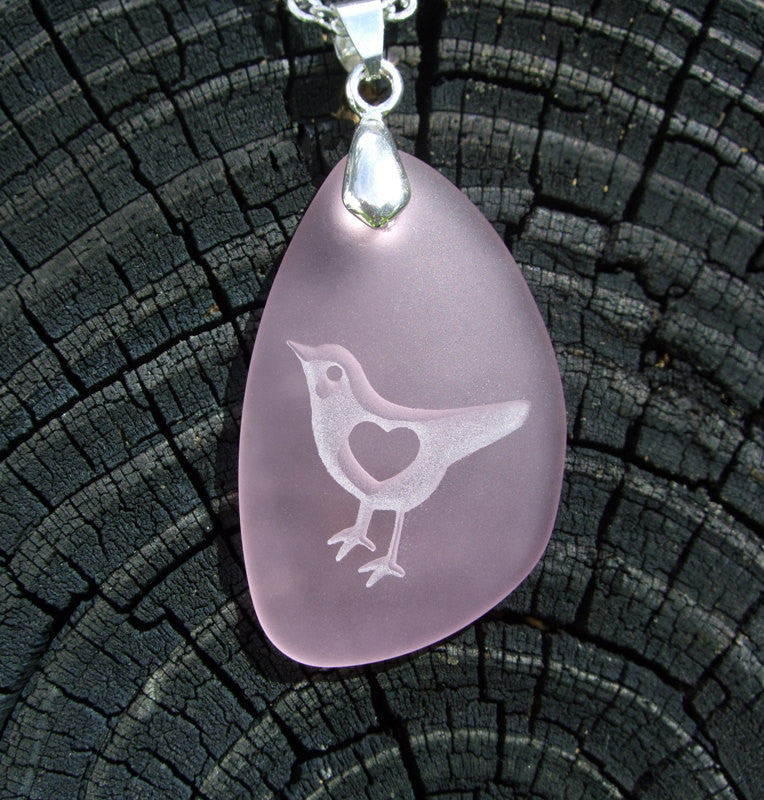 Lil&#39; LoveBird with 3D heart - makes my heart sing - engraved Ocean beach Sea Glass pendant - Cast a Stone