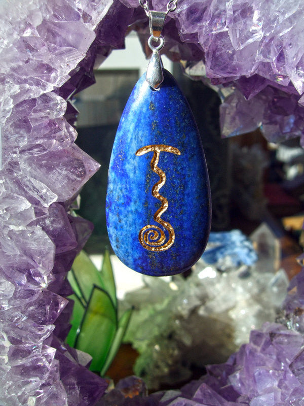 Reiki Stone - Fire Serpent symbol - engraved Lapis Lazuli Necklace - Cast a Stone