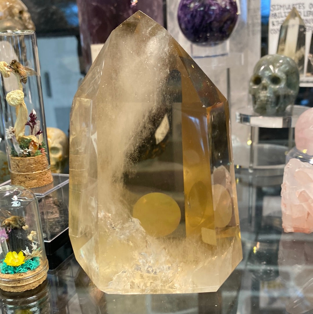 Polished Citrine Gemstone Point with natural inclusions visible