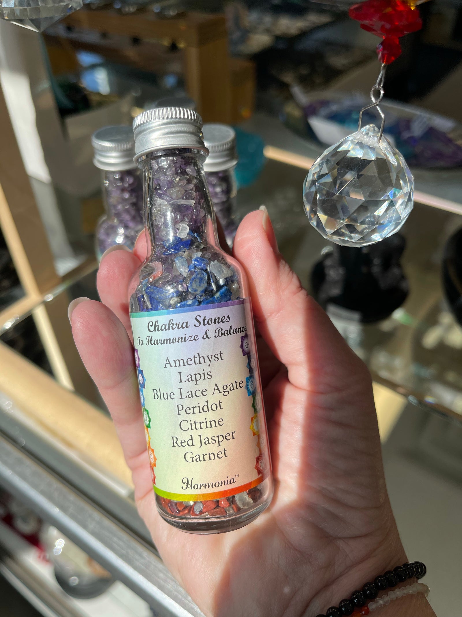 These bottles come with the following gemstones: Amethyst Lapis Blue Lace Agate Peridot Citrine Red Jasper Garnet