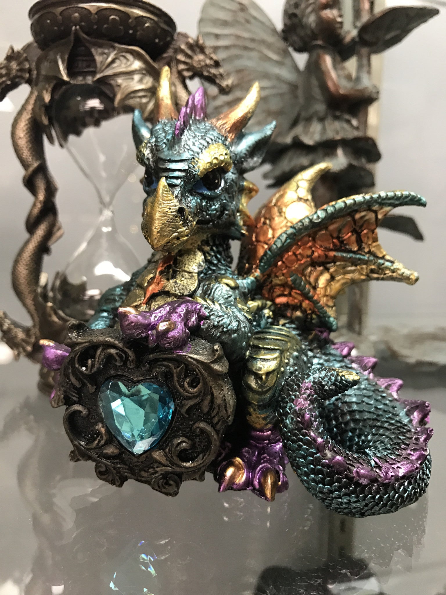 Baby Aqua Dragon Figurine w/Gem - Cast a Stone