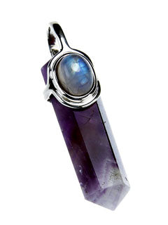 Crystal Wand Amethyst and Moonstone Point Pendant